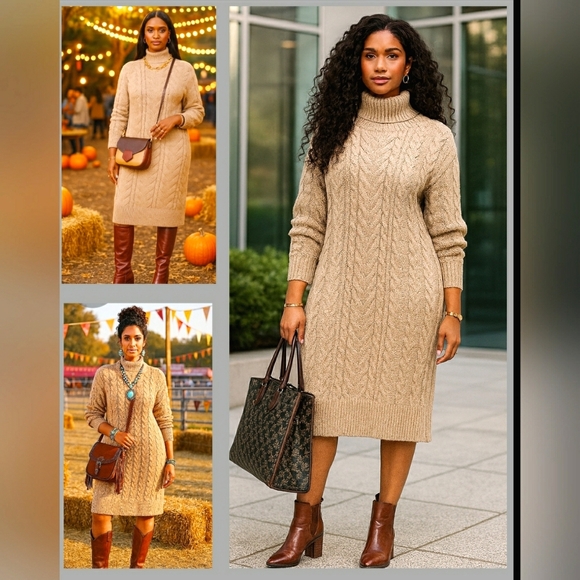 boutiques Dresses & Skirts - Essential Taupe Lagenlook Cable Knit Soft Stretch Turtleneck Sweater Midi Dress